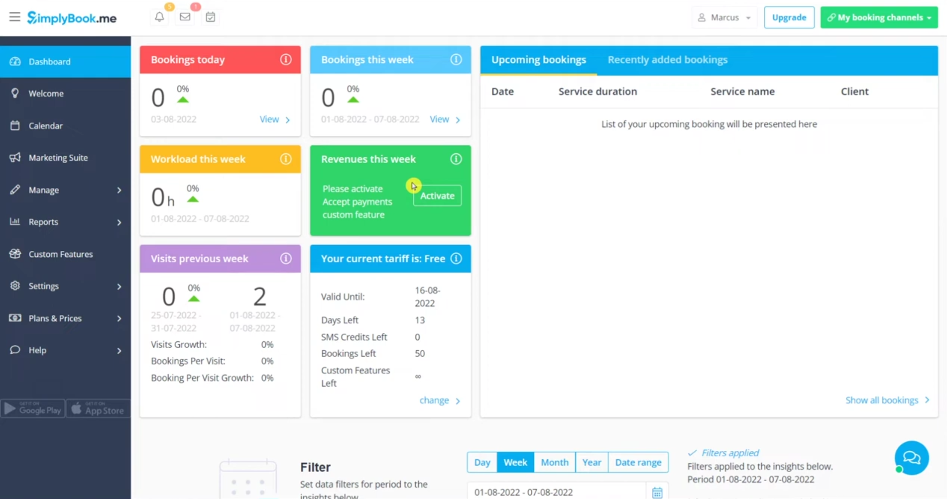 SimplyBook.me dashboard showing booking, workload, revenue, tariff, and upcoming booking panels.