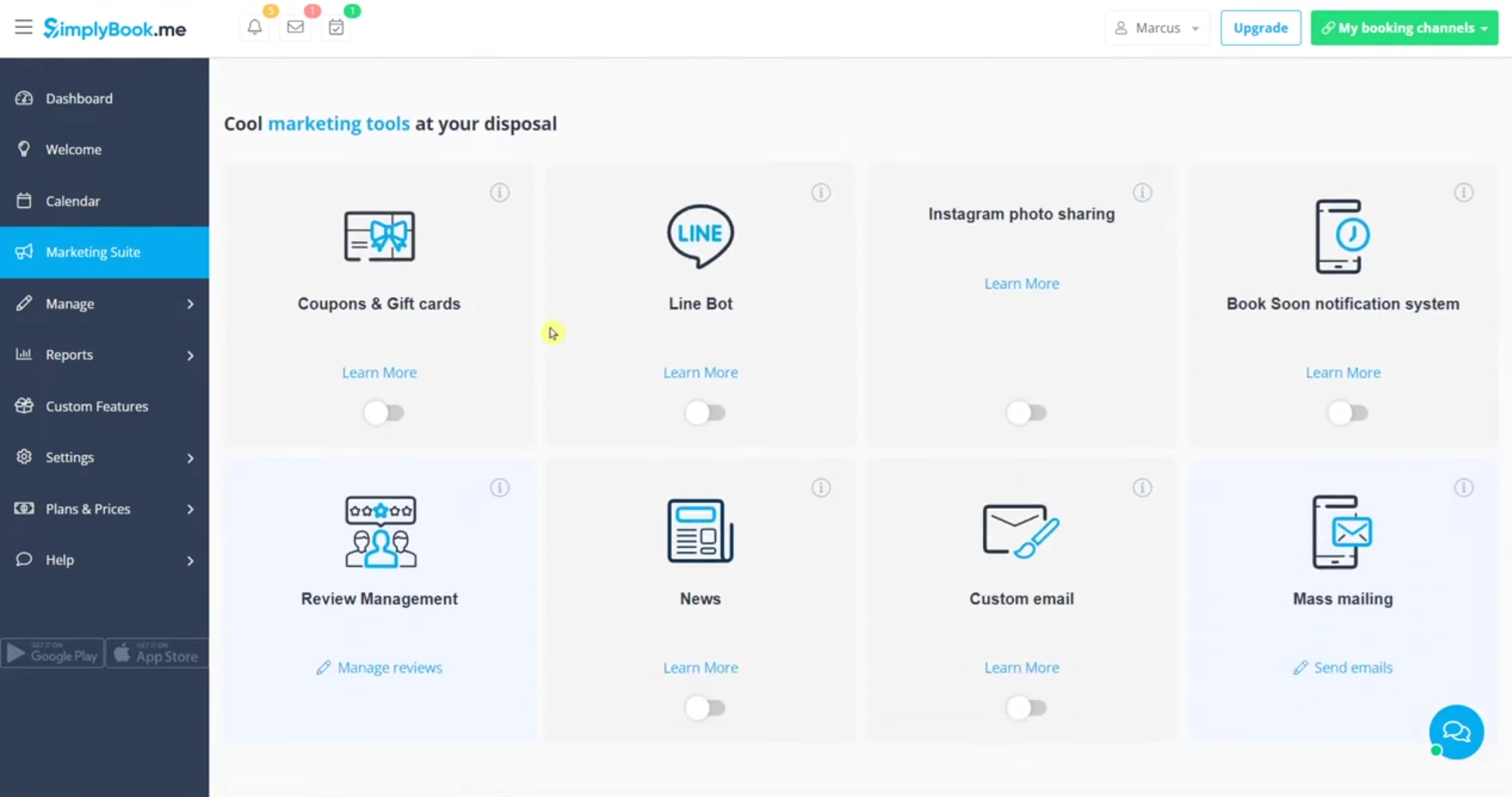 SimplyBook.me marketing suite showing optional modules for coupons, gift cards, messaging, reviews, news, custom email, and mass mailing.