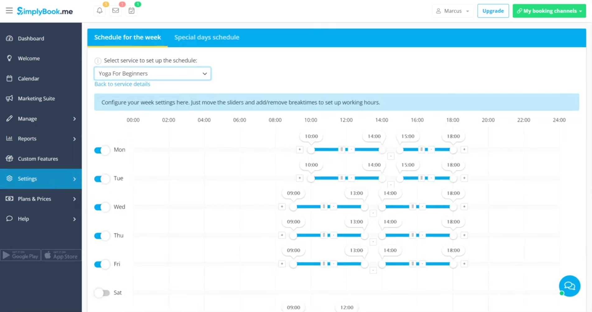 SimplyBook.me weekly schedule screen showing service-specific availability sliders and break-time controls.