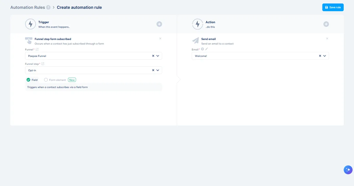 Systeme.io automation rule screen showing an opt-in funnel step trigger connected to a selected Welcome email action.