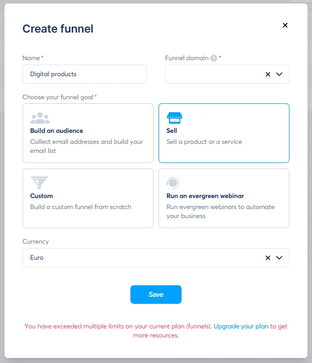 Systeme.io create funnel dialog showing funnel goals and a message that the current plan has exceeded funnel limits.