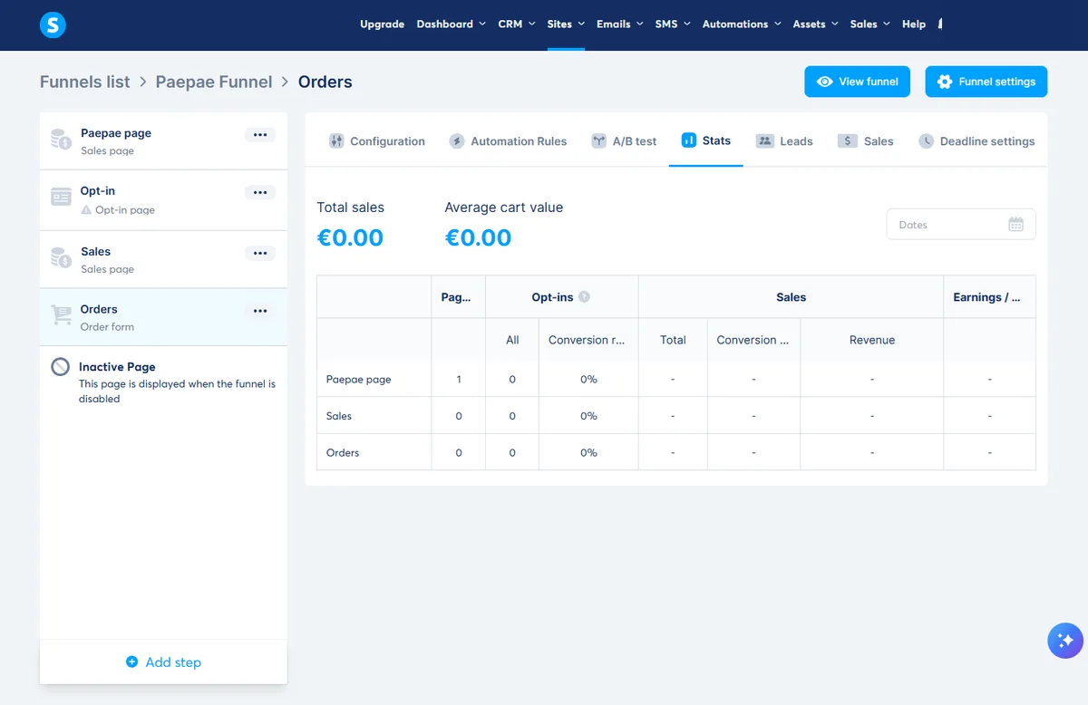 Systeme.io funnel stats screen showing page, opt-in, sales, order, and inactive funnel steps.