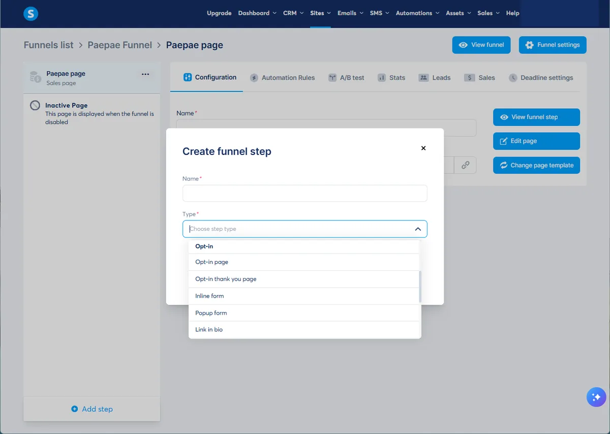 Systeme.io funnel screen showing step type options such as opt-in page, sales page, order form, and popup form.