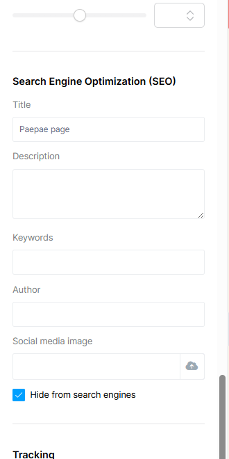 Cropped Systeme.io page builder settings panel showing SEO title, description, keyword, author, and search-indexing fields.
