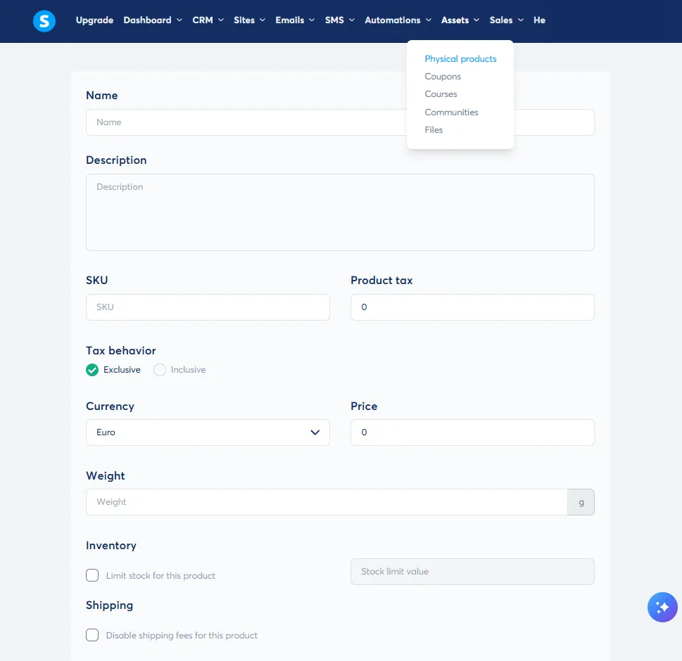 Systeme.io product setup screen showing name, description, SKU, tax, currency, price, inventory, and shipping fields.