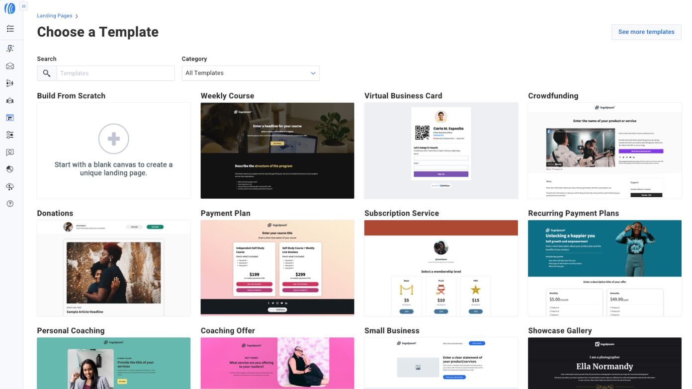 Owner-captured AWeber landing-page template layout preserving search and filter controls with example people, offers, and prices as captured.