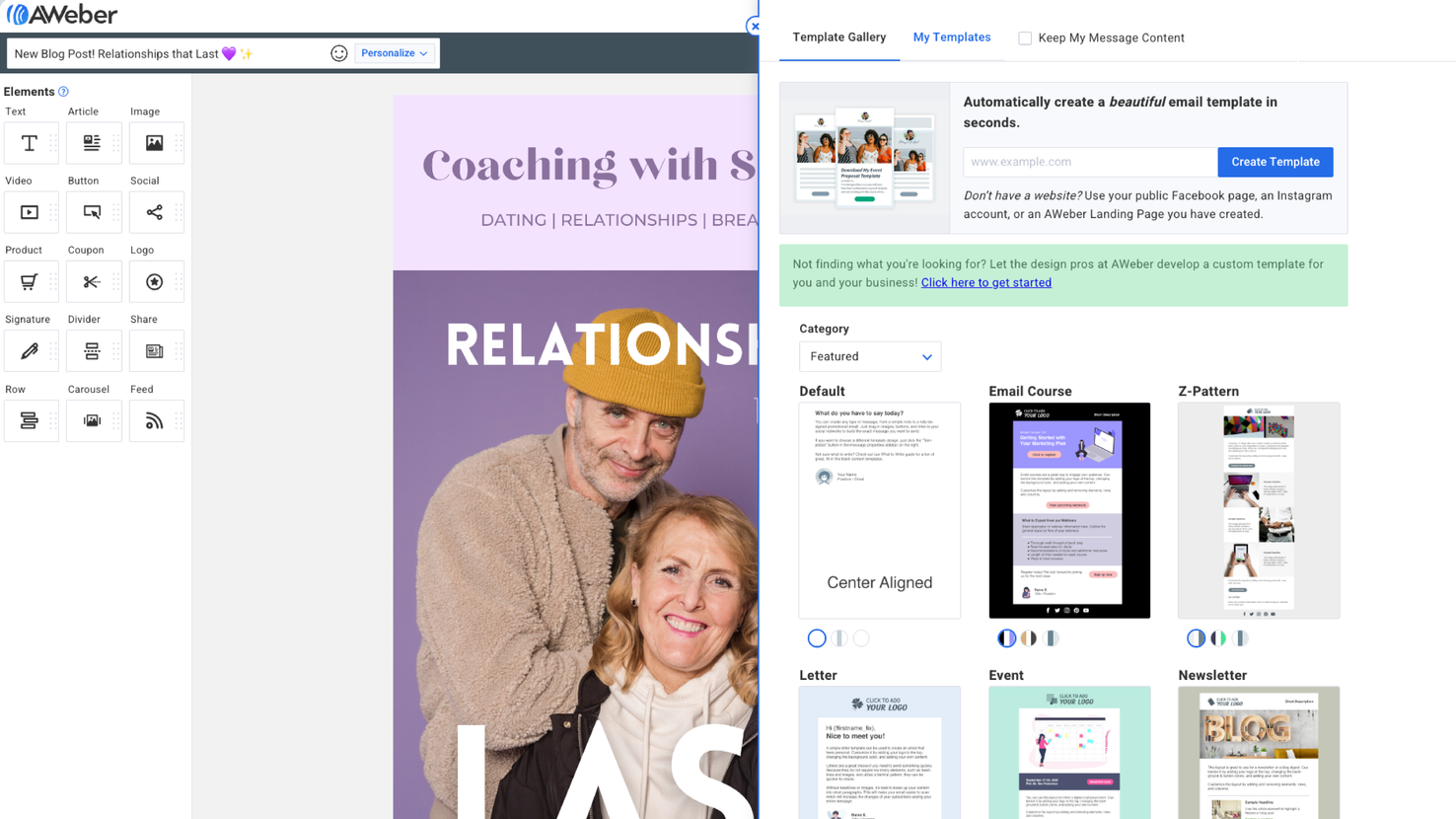 Owner-captured AWeber email-editor layout preserving element controls with named creative, people, and marketing claims as captured.