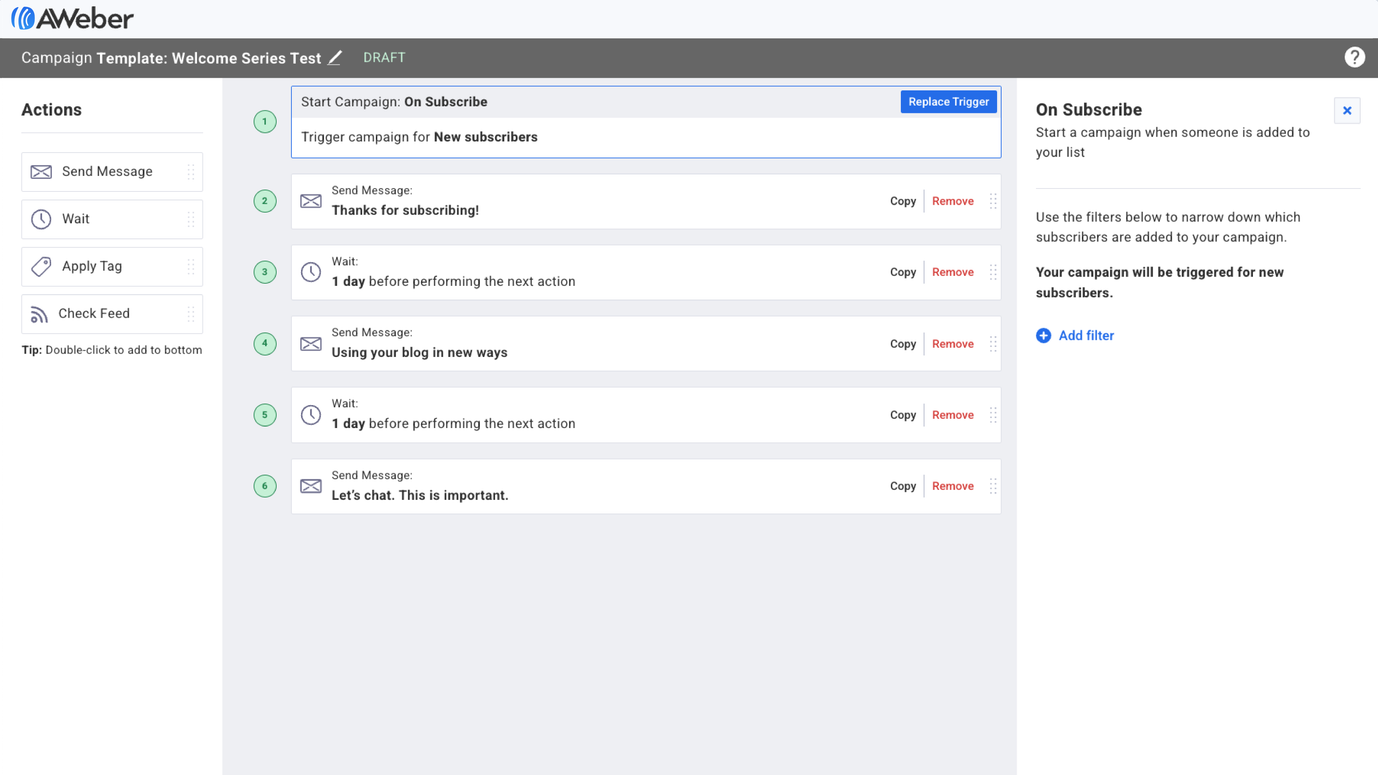 Owner-captured AWeber draft-automation layout preserving action controls and sequence positions with example trigger, message, and wait content as captured.