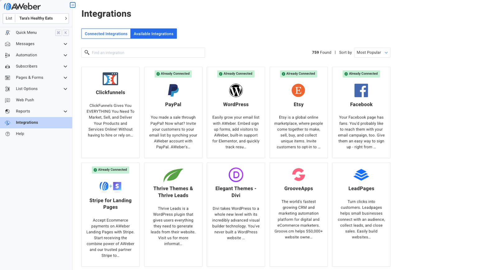 Owner-captured AWeber integration layout with account identity, connection labels, quantities, and marketing claims as captured.