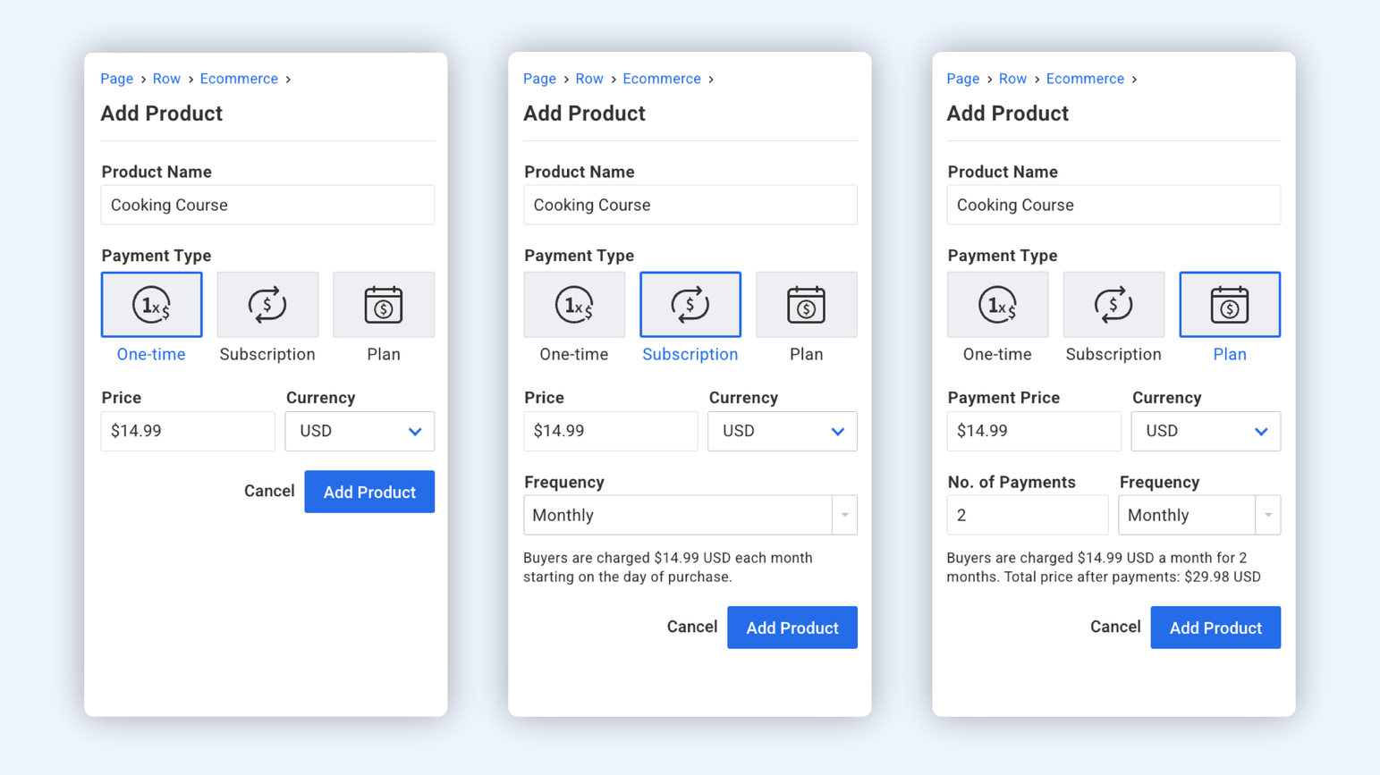 Owner-captured AWeber payment-model layout with example product names, prices, currency, frequency, and payment counts as captured.