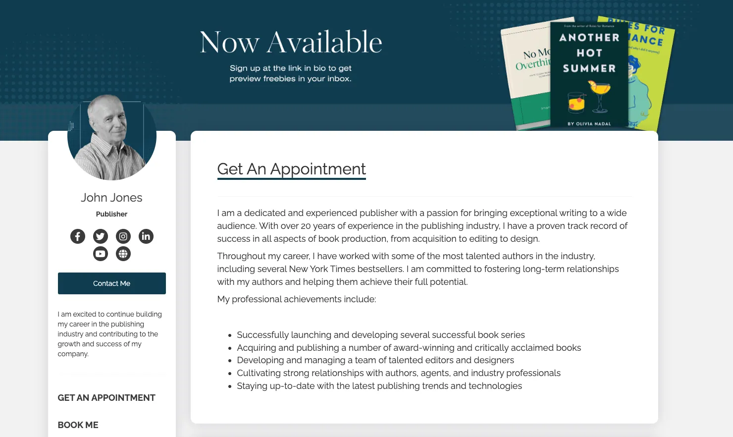 Owner-captured Book Like A Boss publisher-profile example with book covers and appointment section as captured.