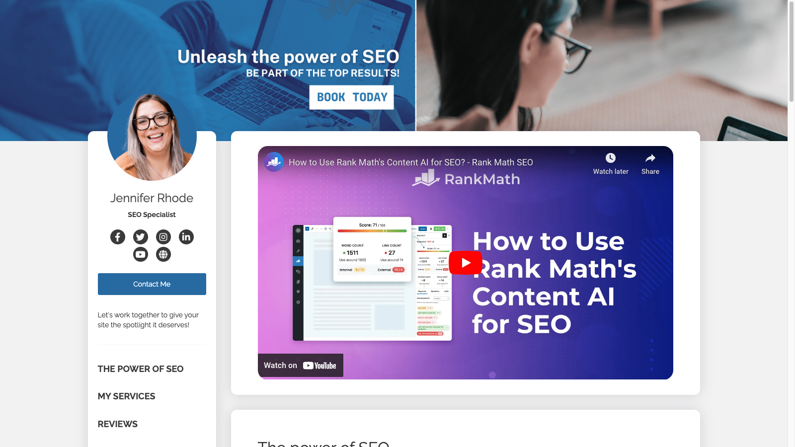 Owner-captured Book Like A Boss SEO-specialist profile with embedded video preview as captured.