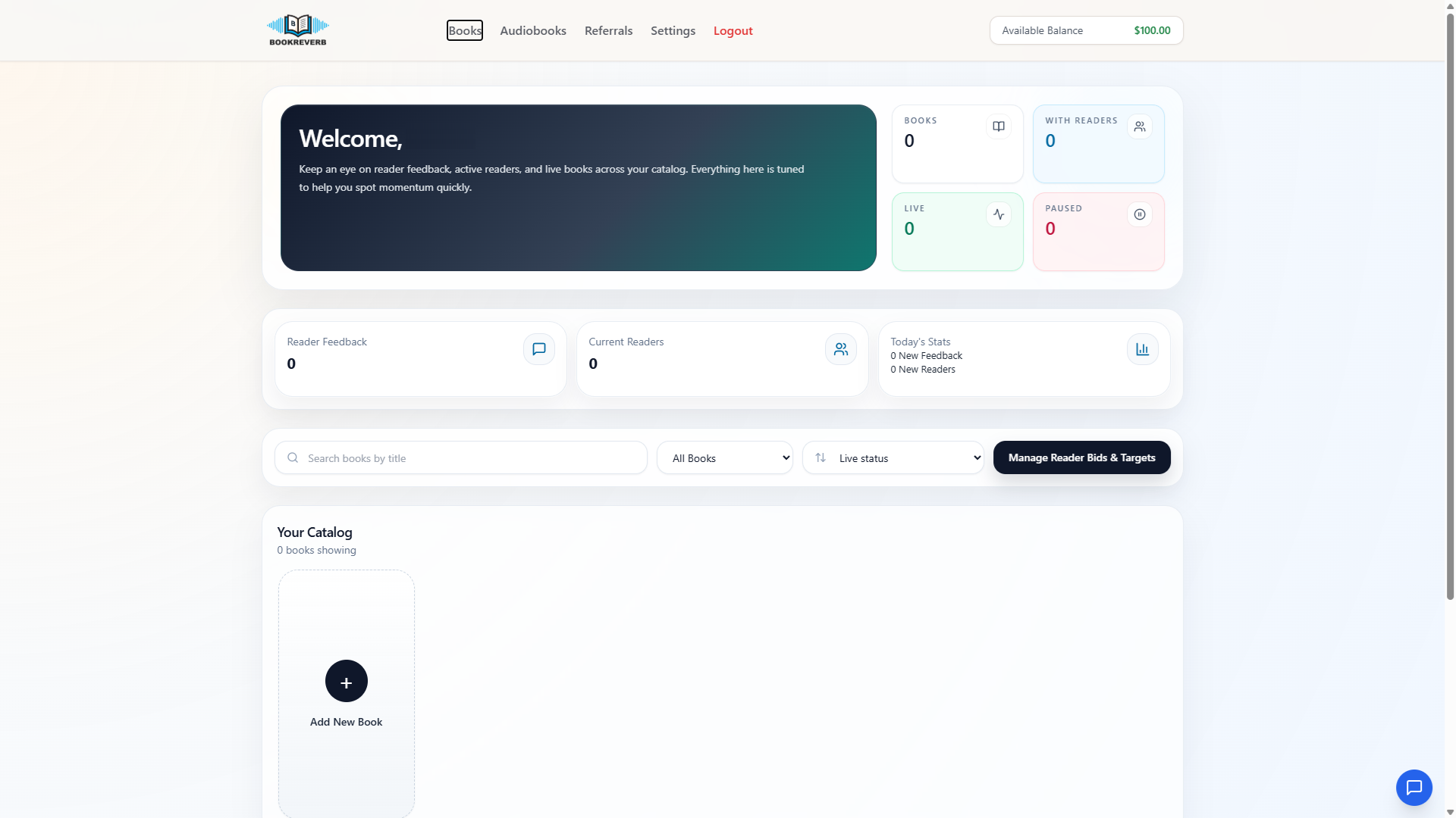 Owner-captured BookReverb dashboard with book, reader, feedback, status, filter, and reader-control surfaces as captured.
