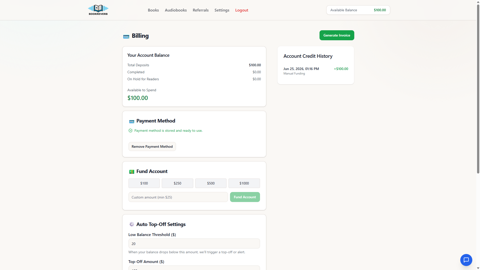Owner-captured BookReverb billing interface with balance, credit, payment-method, funding, and top-off controls as captured.