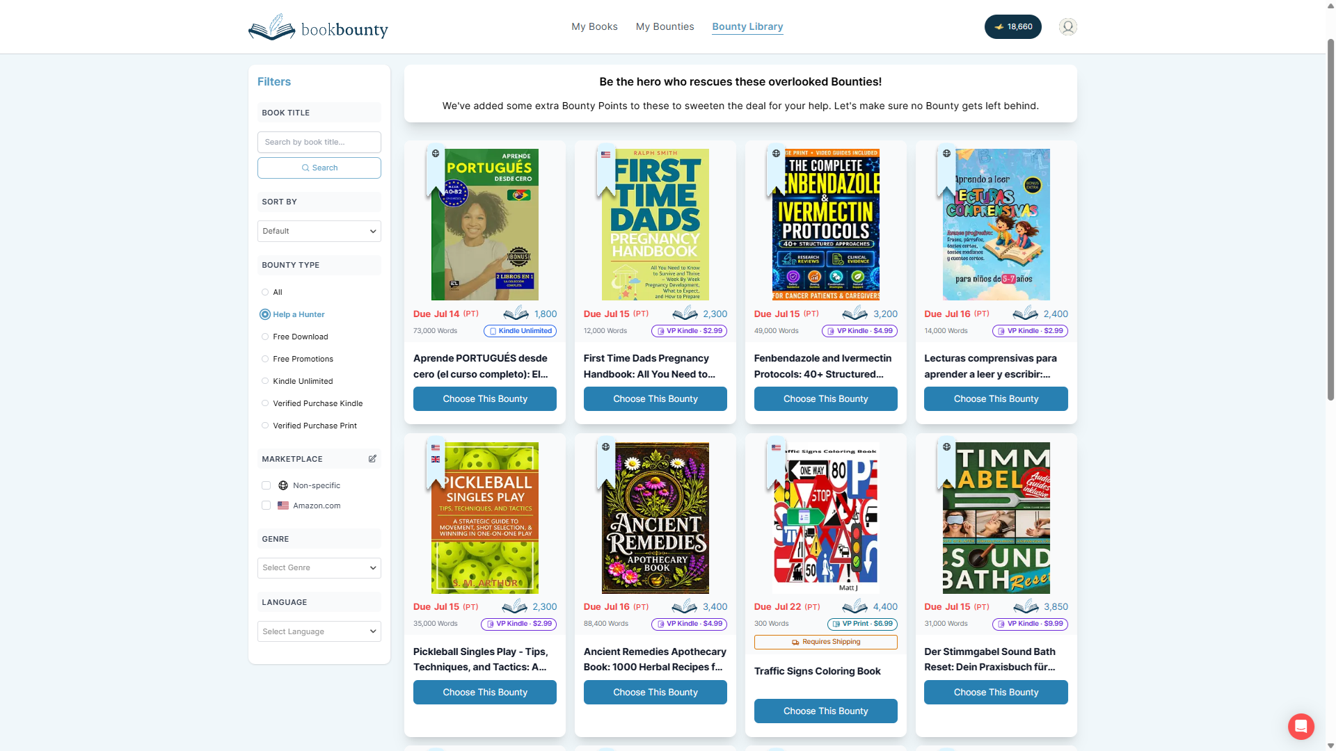 Owner-captured BookBounty Help a Hunter bounty library with search and filters as captured.
