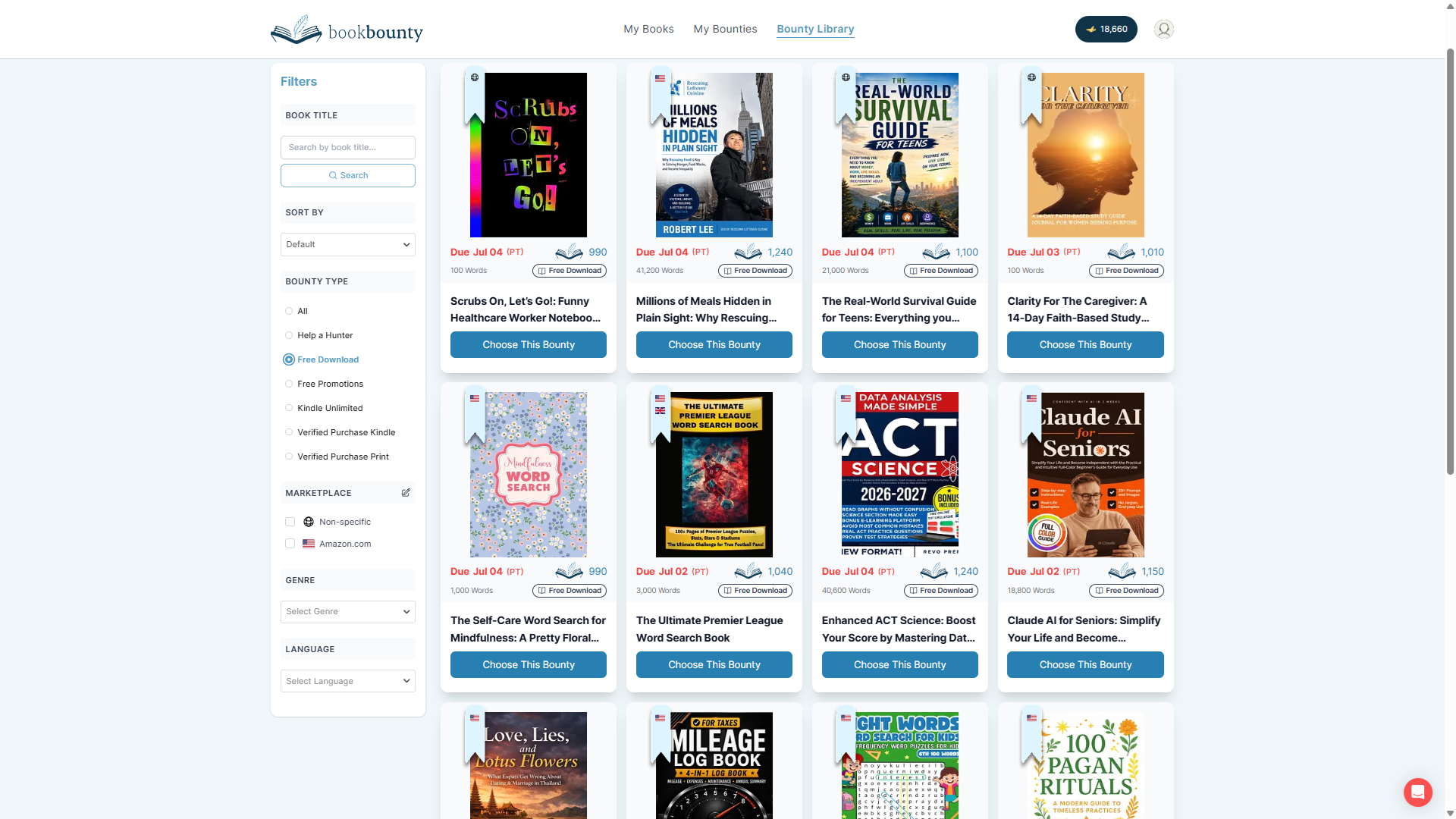 Owner-captured BookBounty Free Download filter with populated cards as captured.