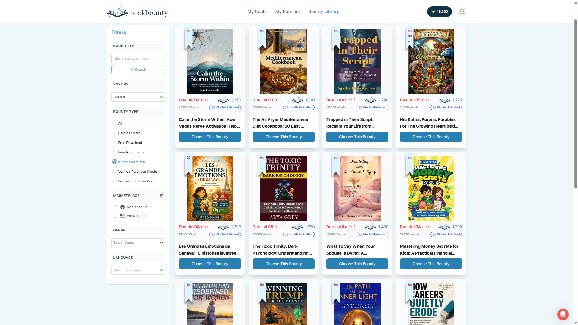 Owner-captured BookBounty Kindle Unlimited filter with populated cards as captured.