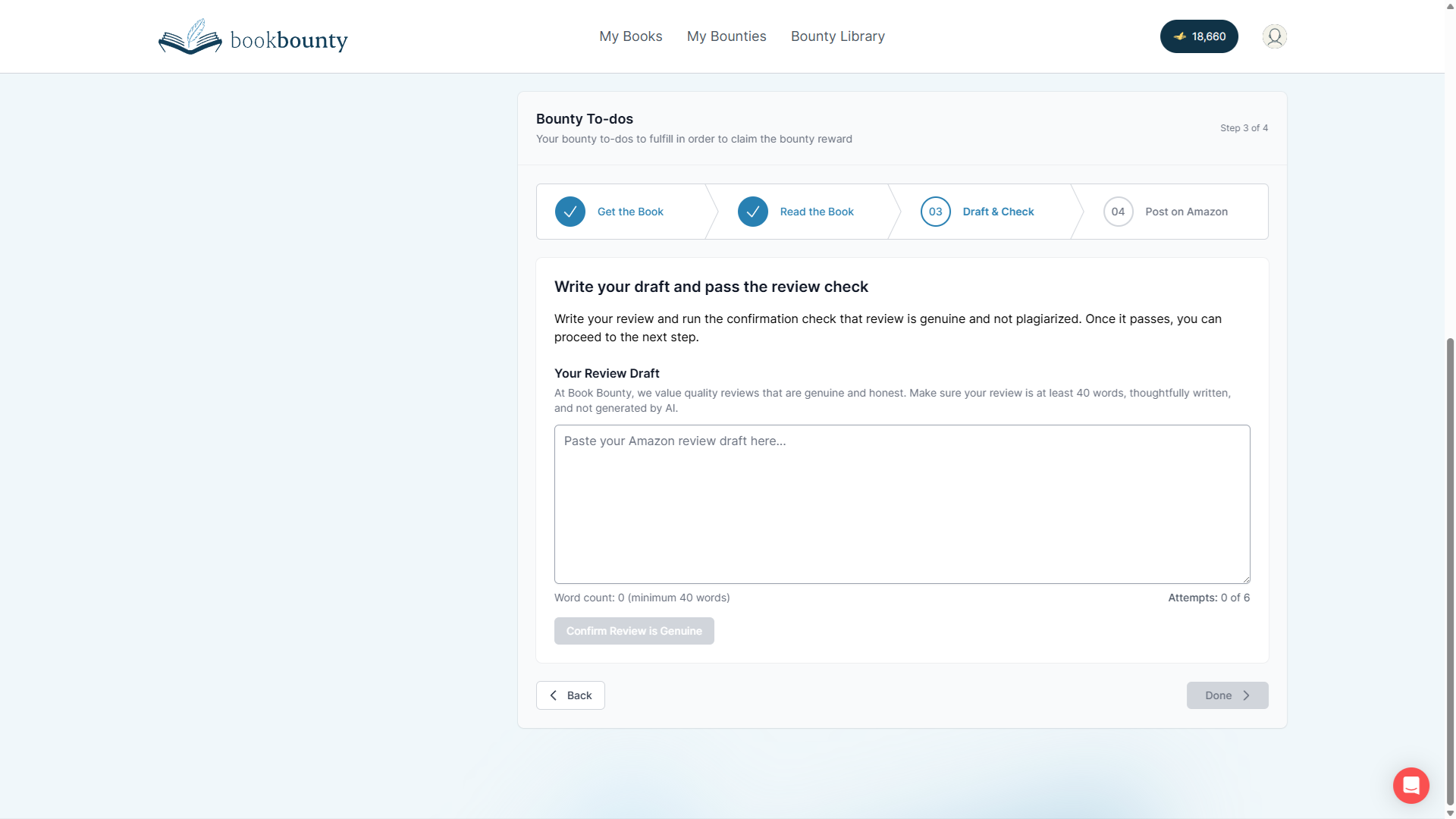 Owner-captured BookBounty Draft and Check step with review-draft controls as captured.