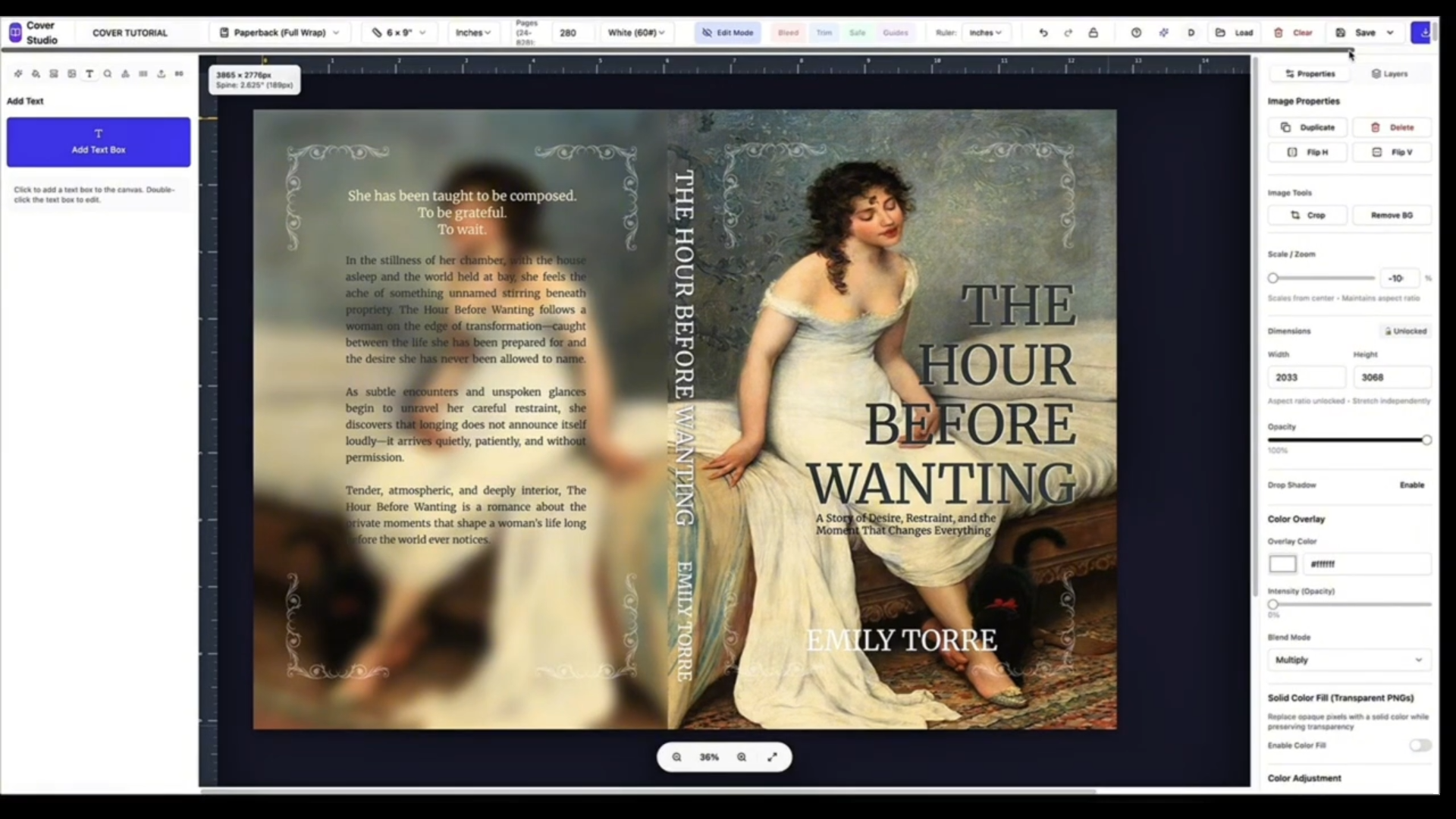 Owner-captured BookCoverly cover editor with text and image properties as captured.