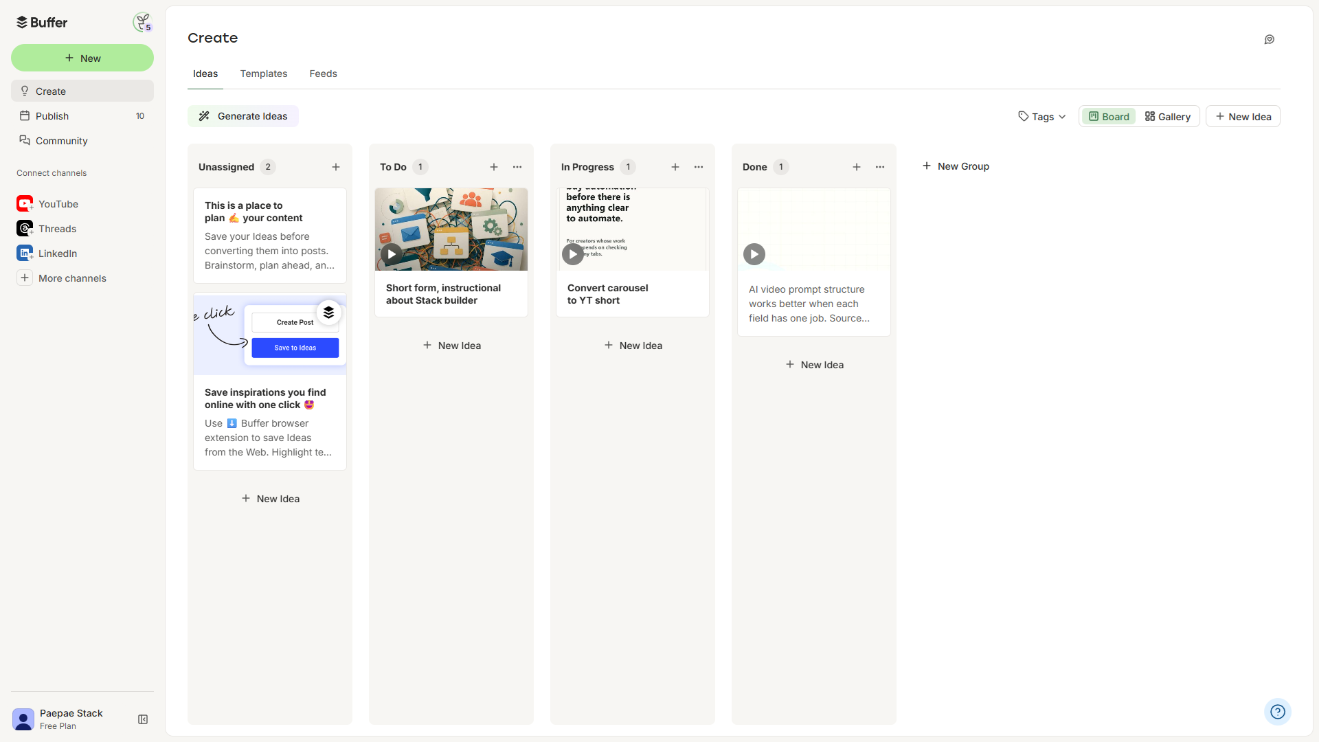 Owner-captured Buffer Ideas board with groups, tags, and planning cards as captured.