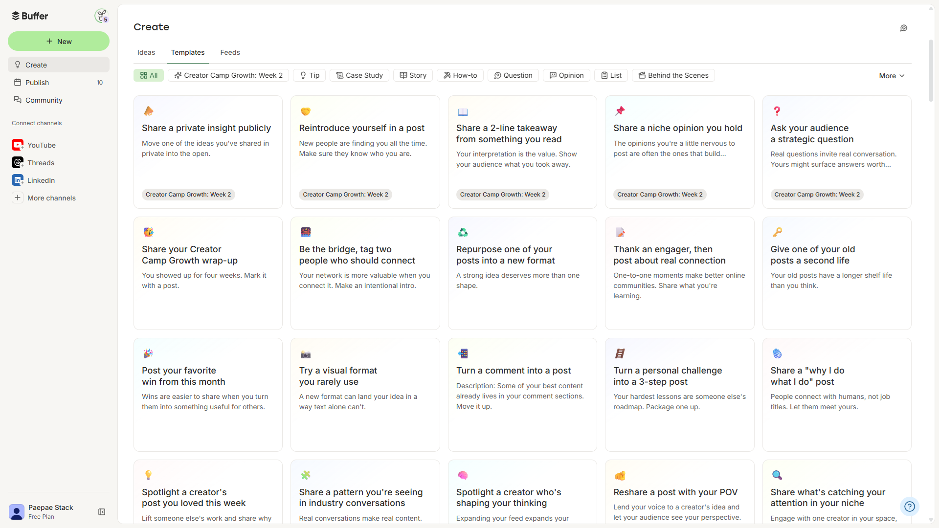 Owner-captured Buffer template library with category controls and prompt cards as captured.