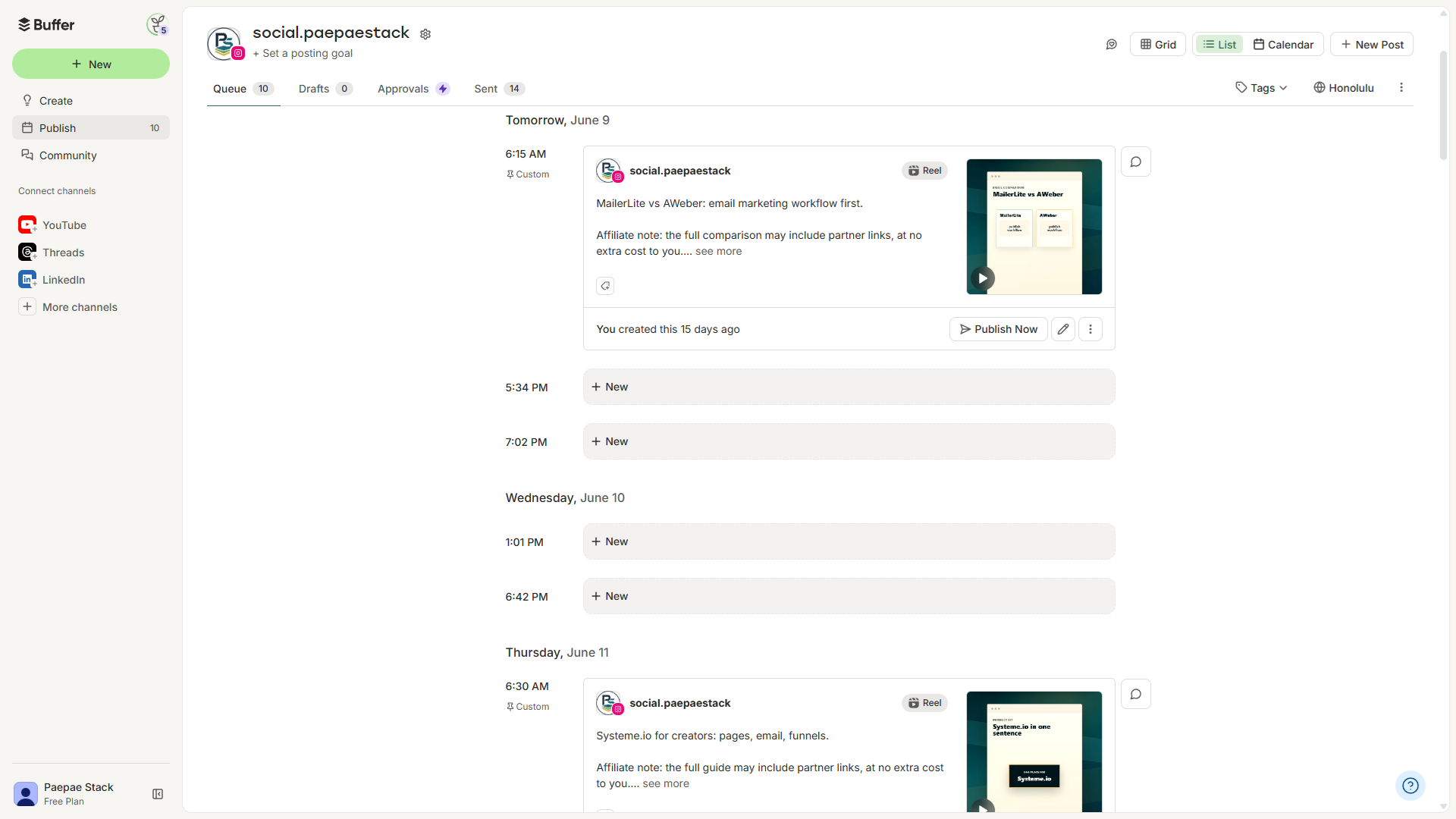 Owner-captured Buffer publishing queue with tabs, queue slots, draft cards, and publish controls as captured.