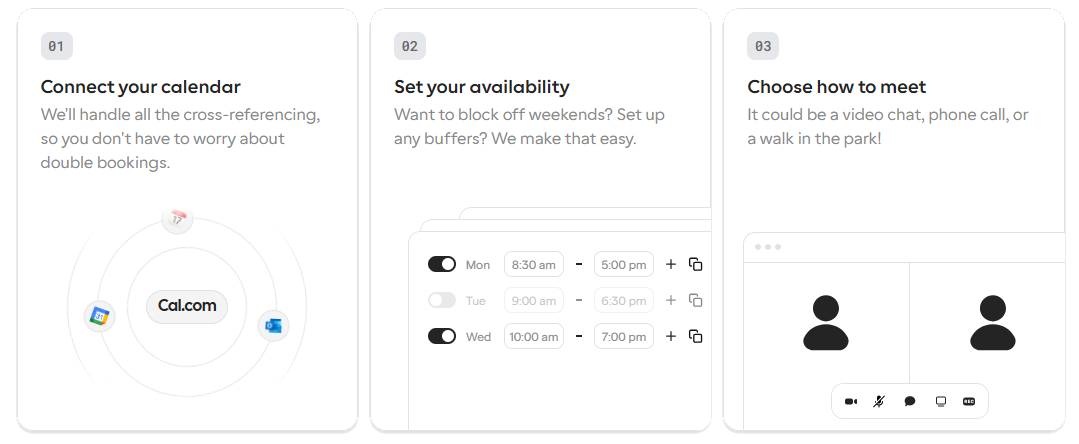 Owner-captured Cal.com booking interface with calendar, time, meeting-format, and form controls as captured.