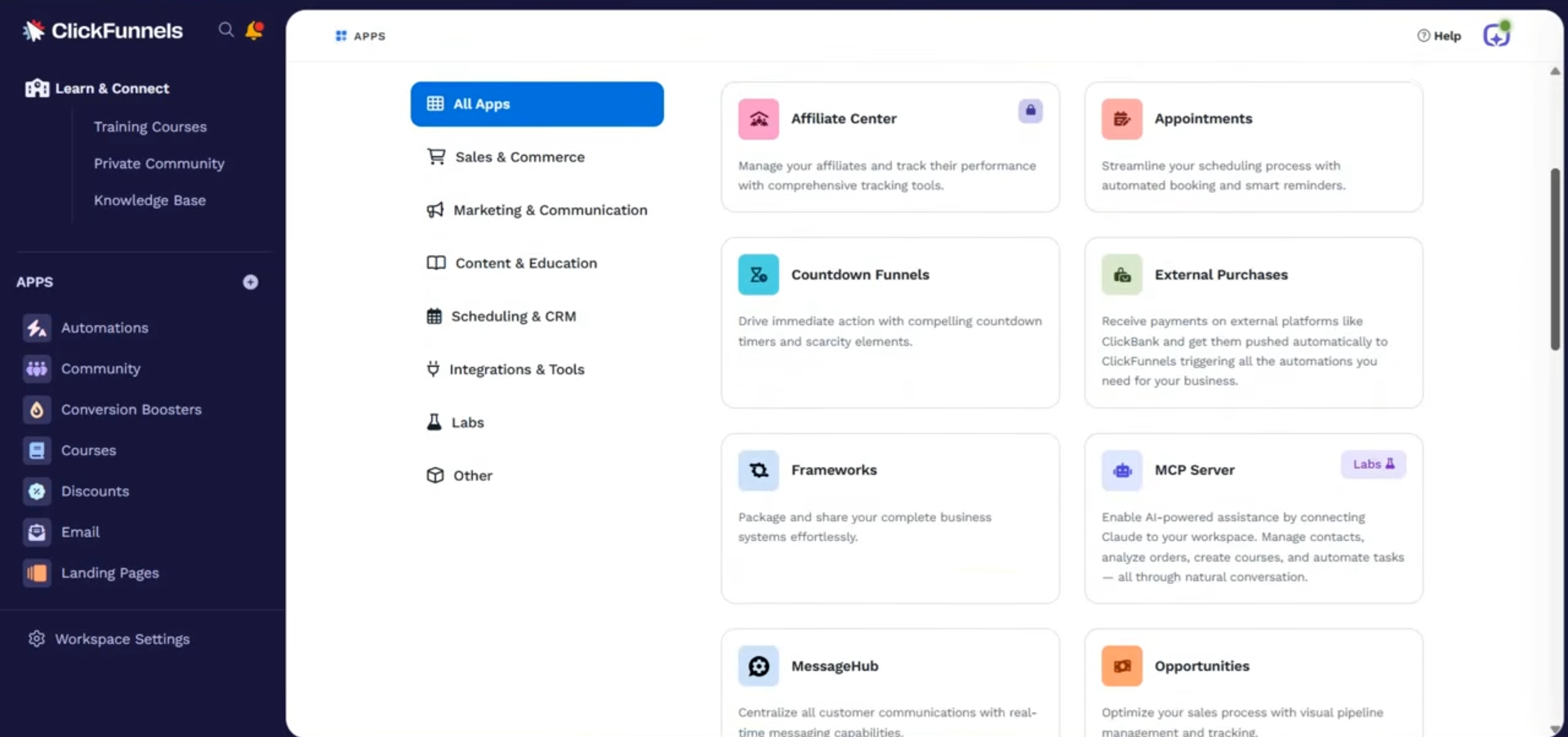 ClickFunnels public app workspace screenshot showing funnel and marketing app surfaces.