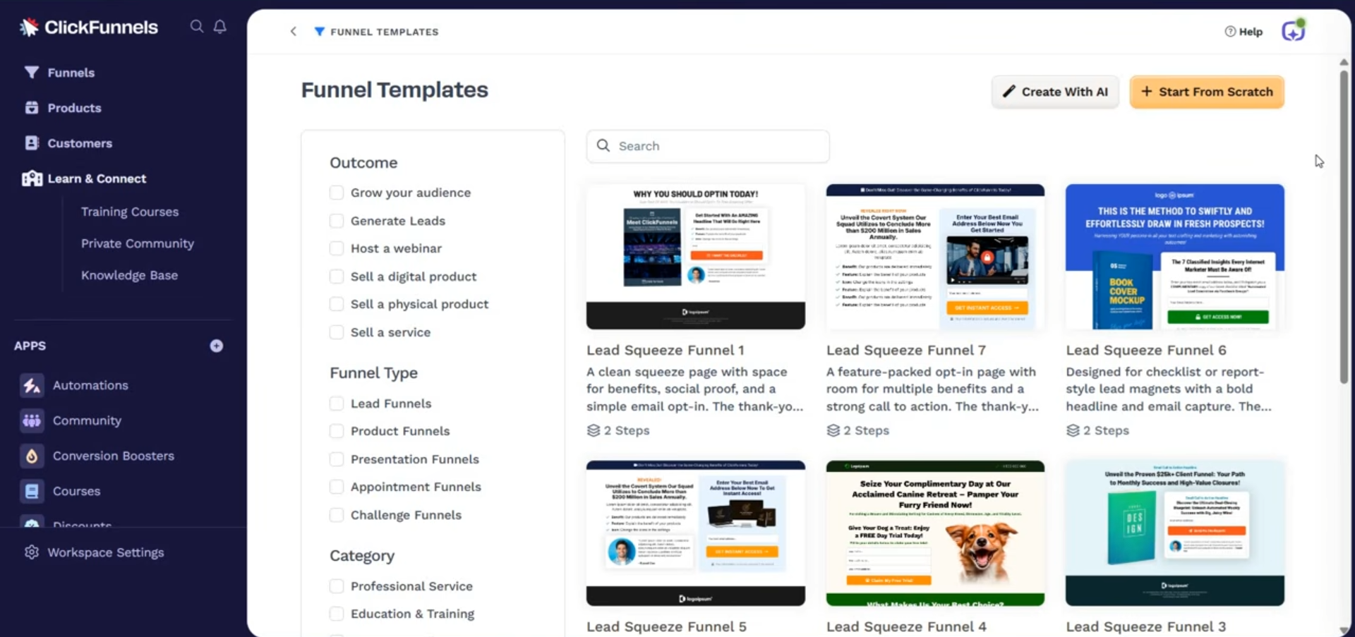 ClickFunnels public funnel template screen showing campaign and page template examples.