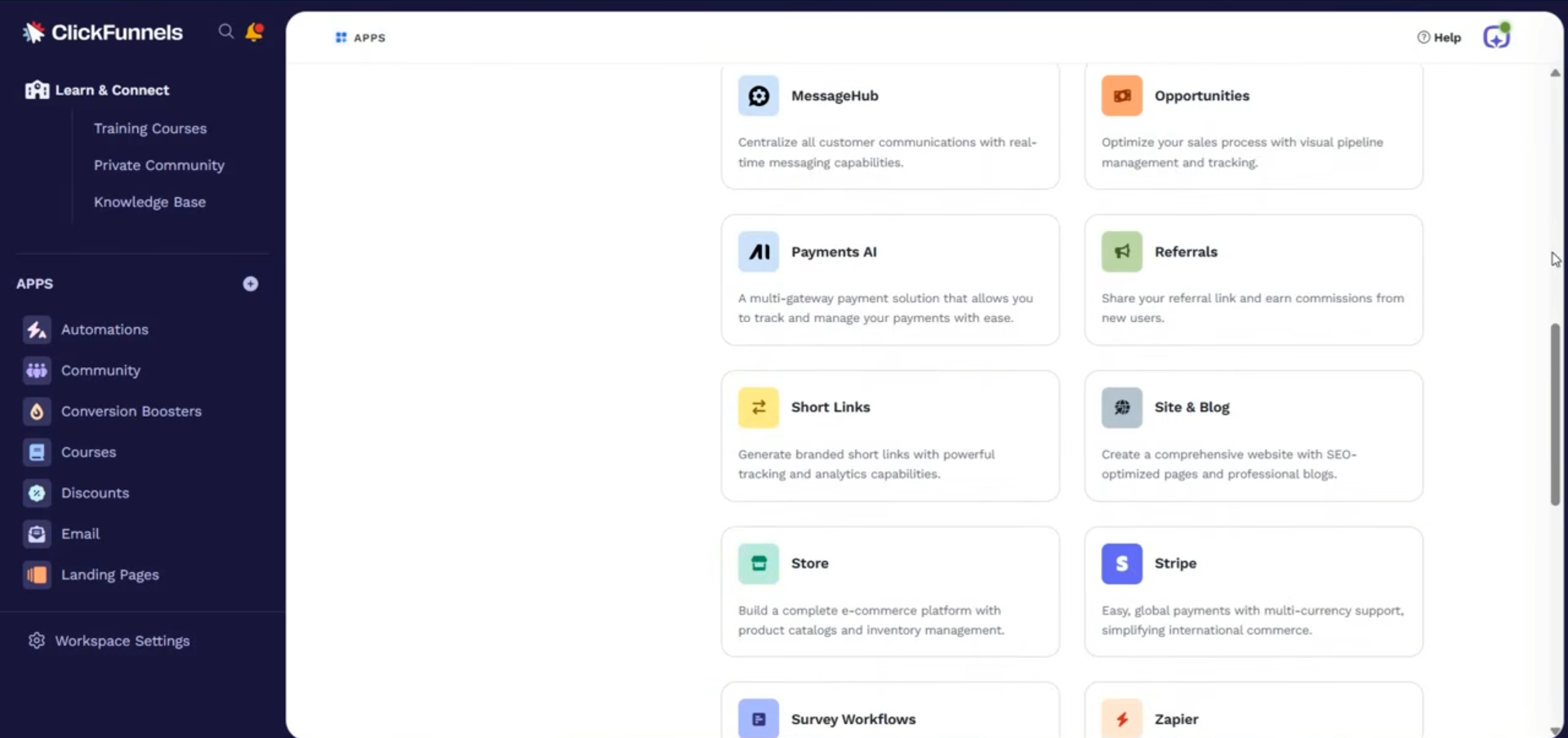 ClickFunnels public screenshot showing additional marketing and funnel app surfaces.