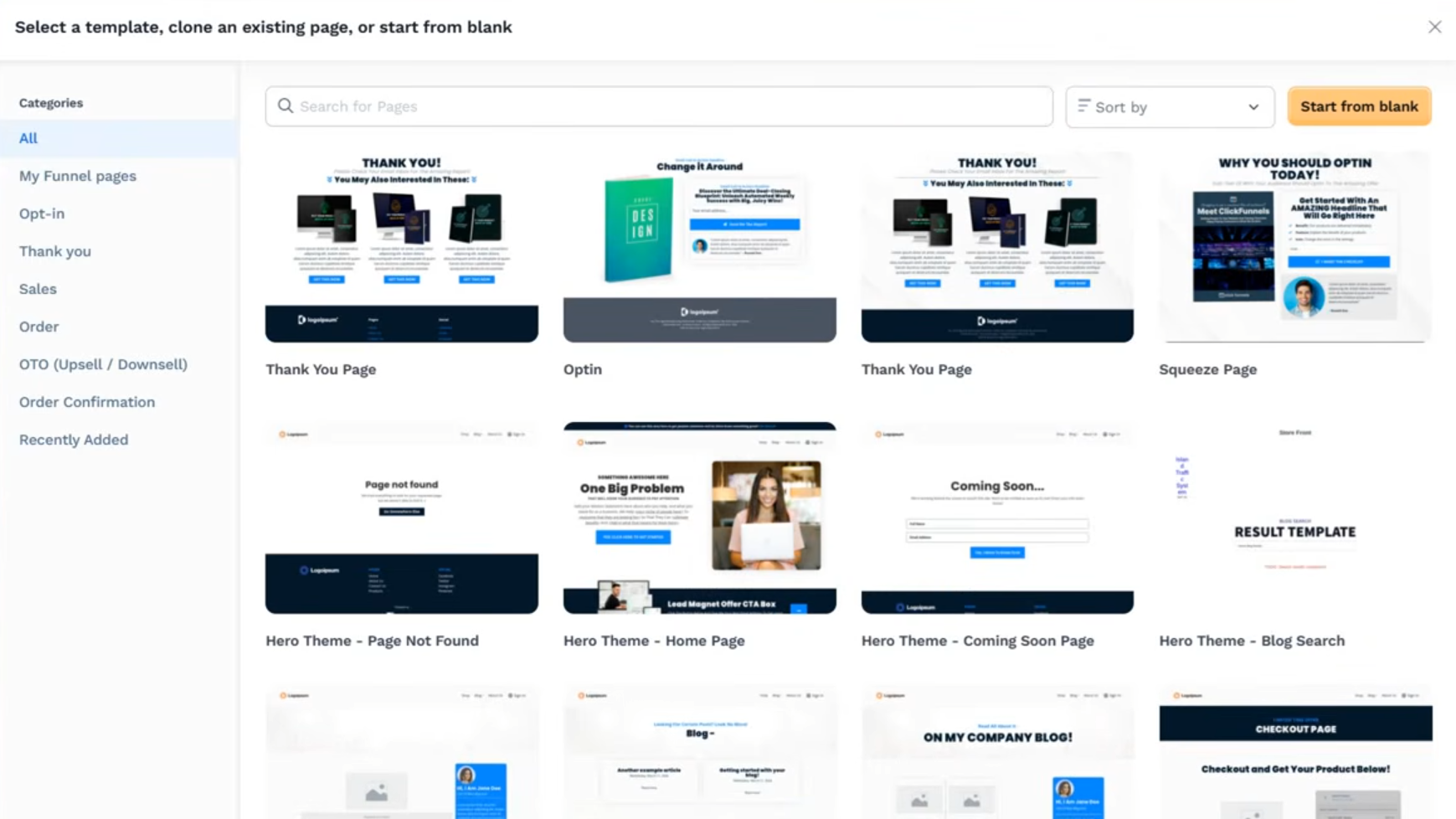 ClickFunnels public landing-page template screen showing page design examples.