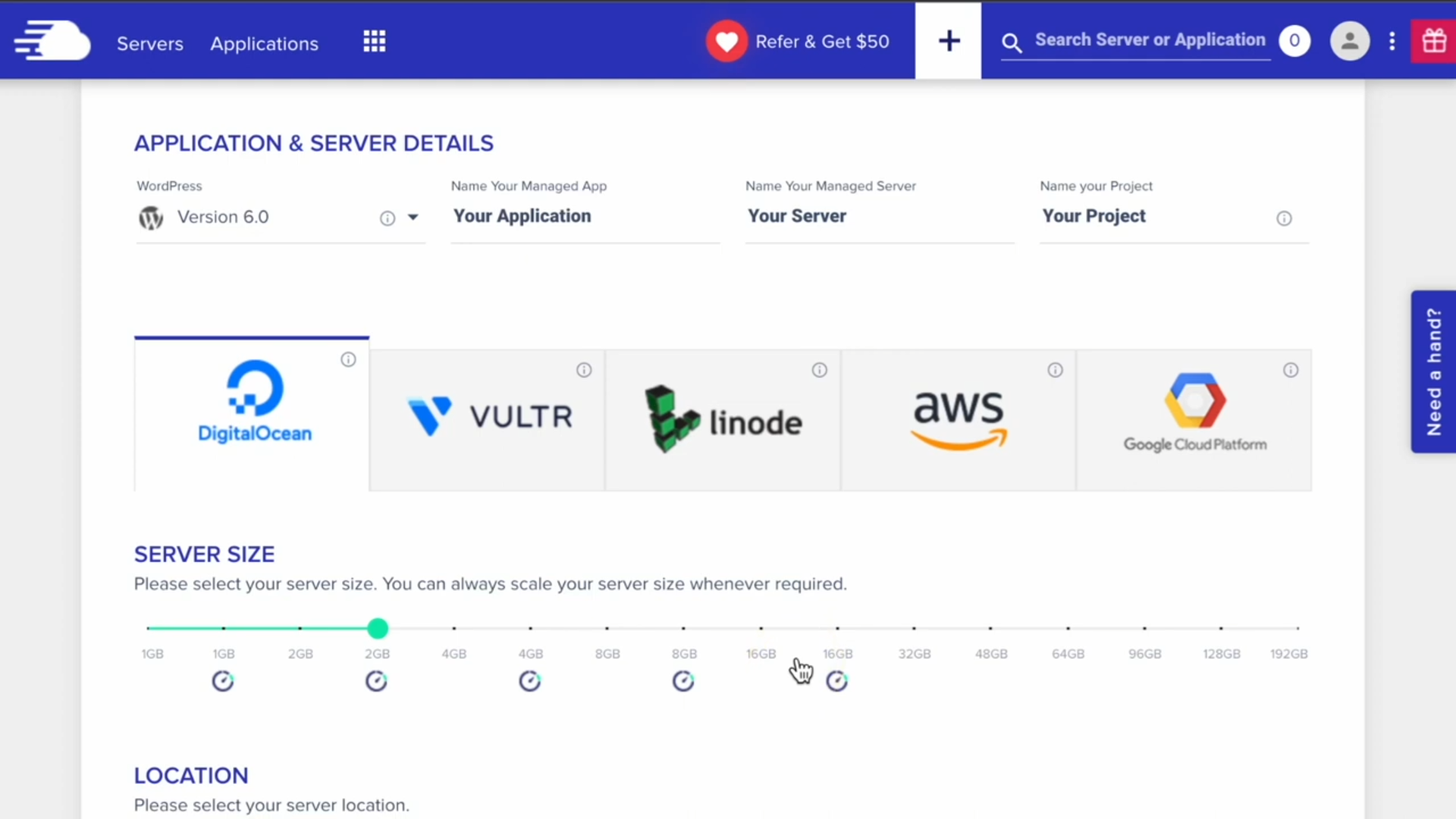 Cloudways launch screen showing placeholder application, server, and project names with cloud provider and server-size choices.