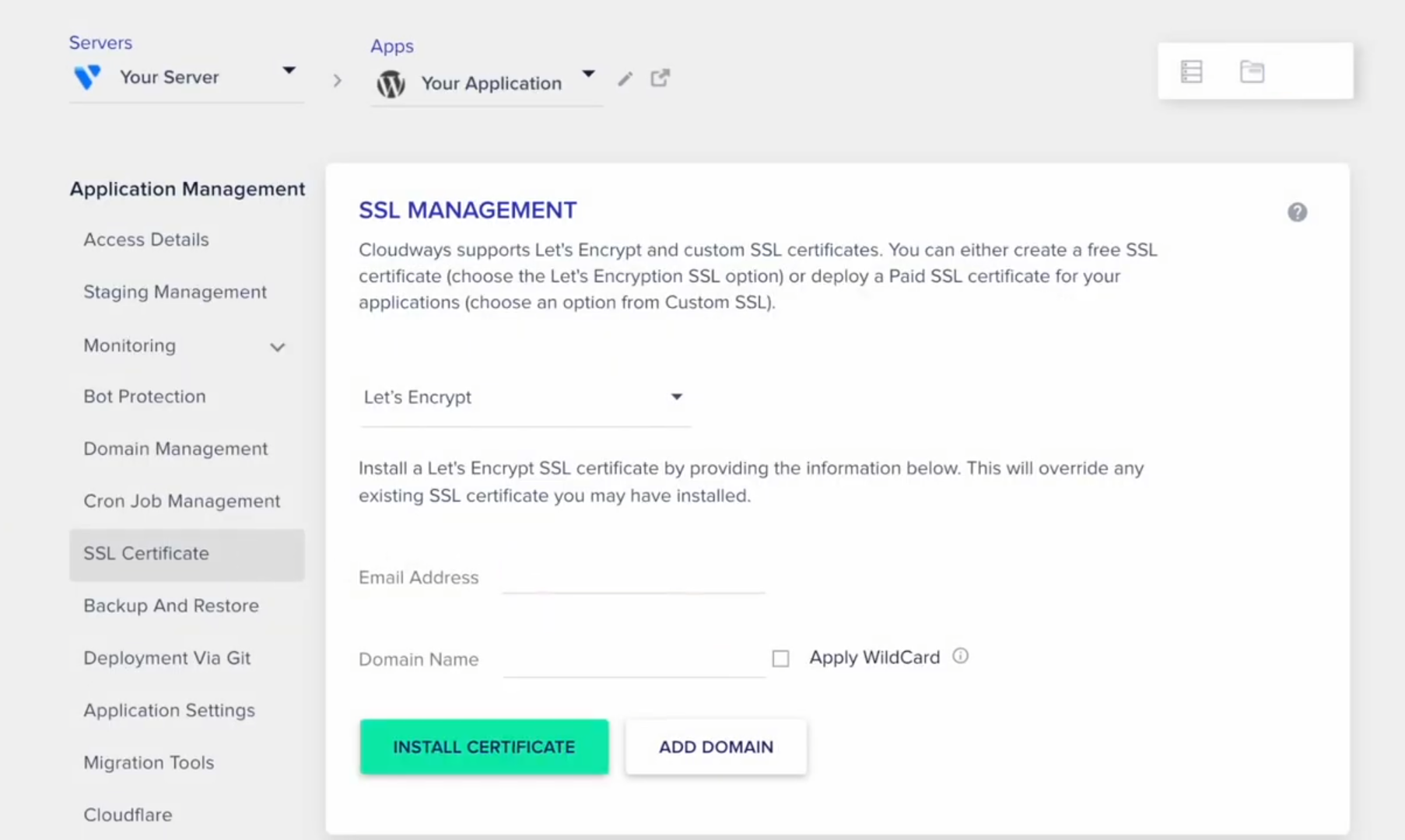 Cloudways SSL Management screen showing blank email and domain fields, Let's Encrypt selection, and install controls.