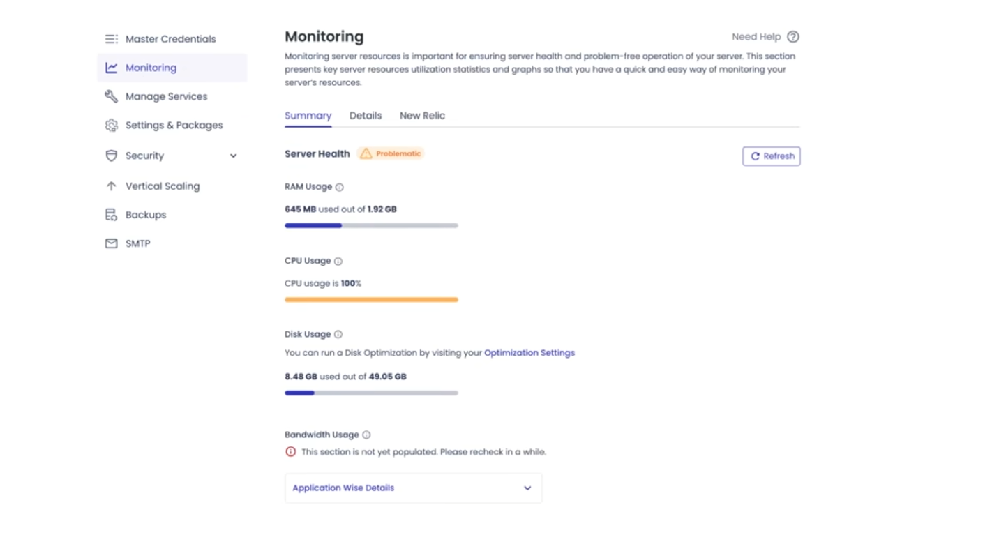 Cloudways Monitoring summary showing example server-health, RAM, CPU, disk, and bandwidth sections.