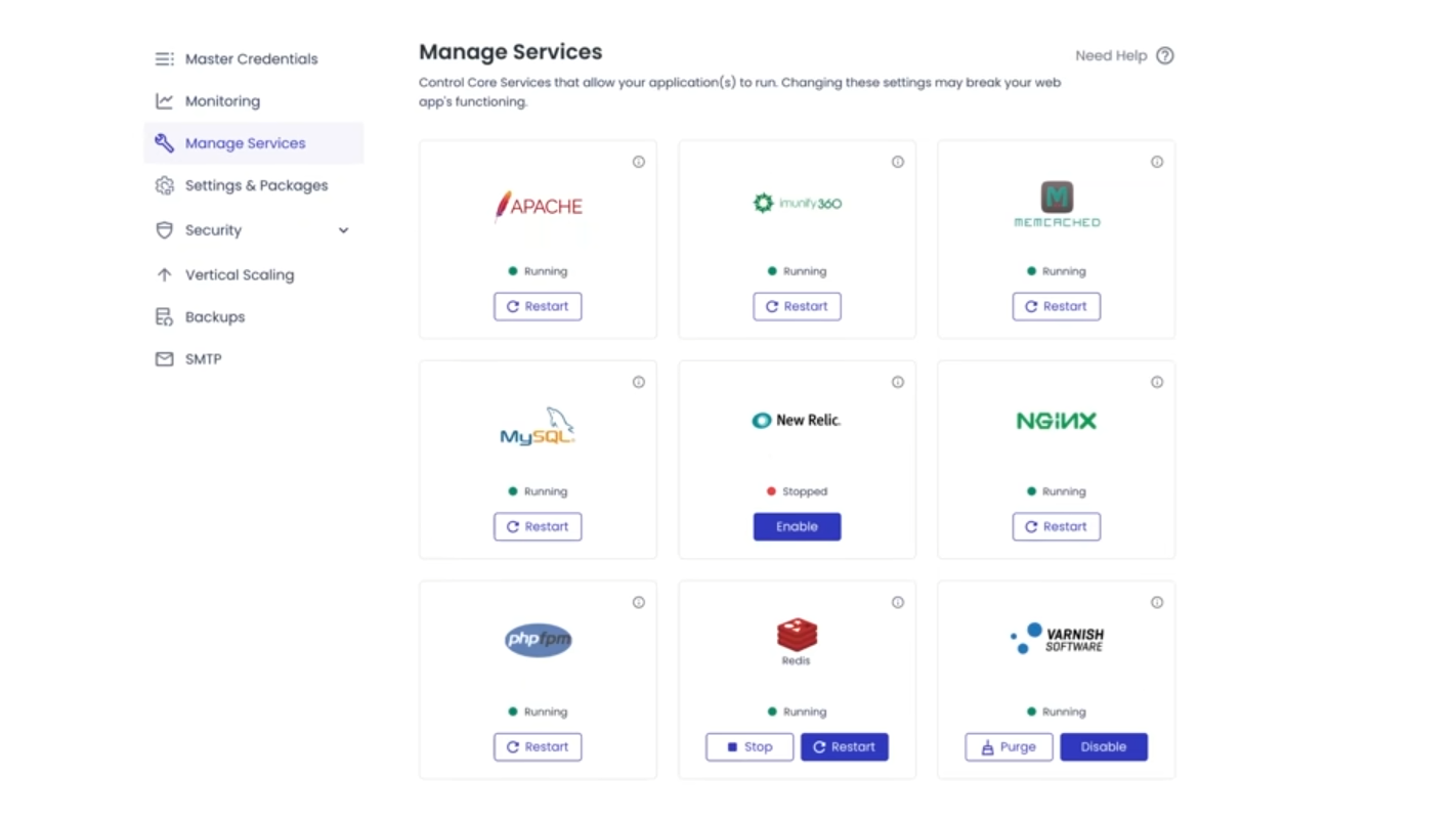 Cloudways Manage Services screen showing example status and controls for Apache, Memcached, MySQL, New Relic, Nginx, PHP-FPM, Redis, and Varnish.