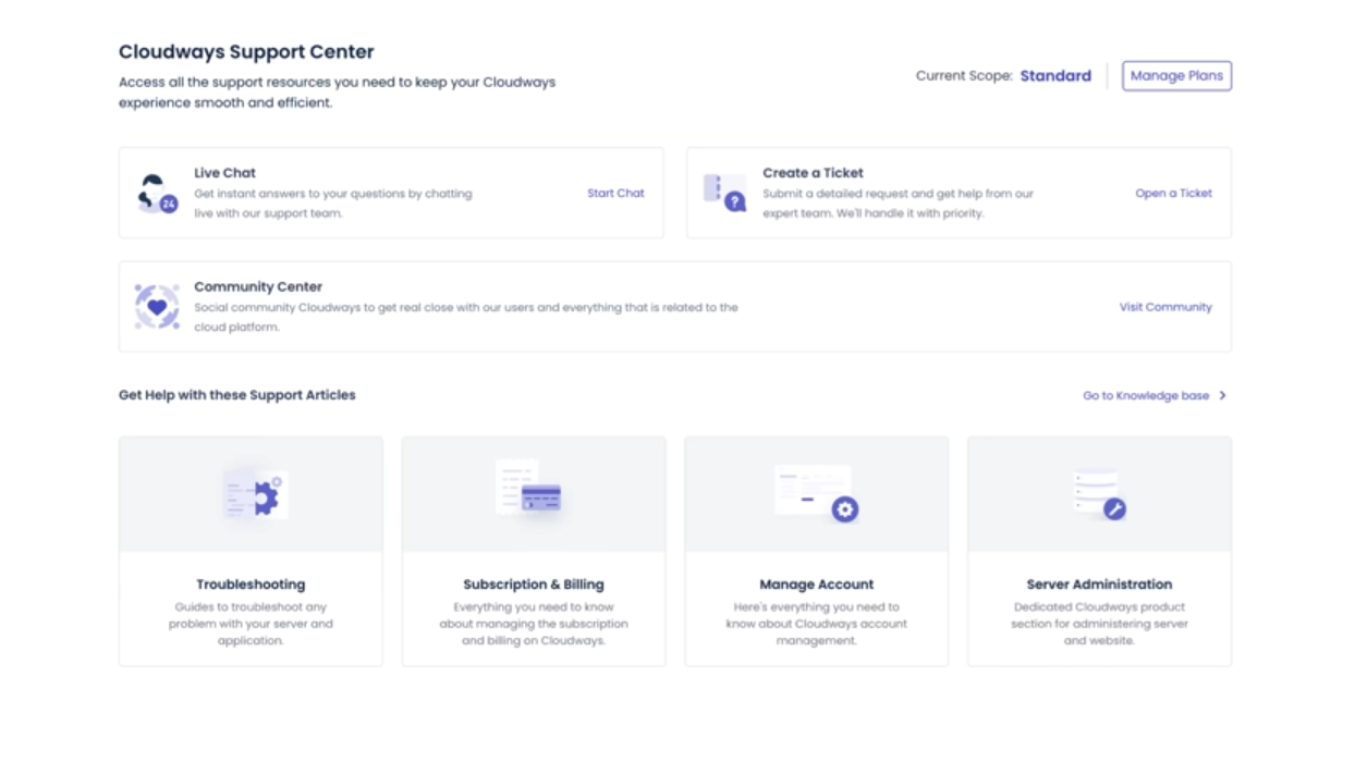 Cloudways Support Center screen showing live chat, ticket, community, knowledge-base, account, billing, and server-administration entry points.