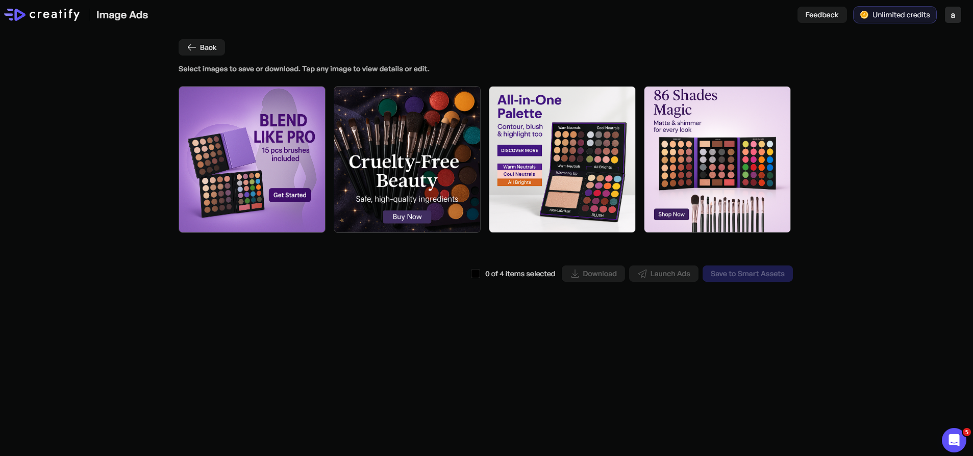 Owner-captured Creatify image-ad interface with third-party brands, people, products, and promotional content as captured.