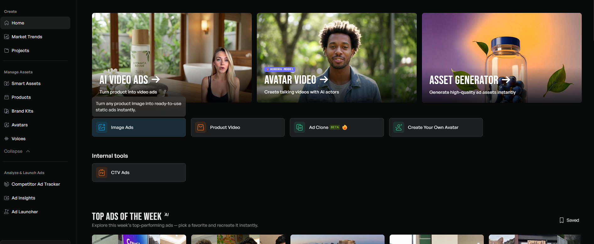 Owner-captured Creatify creative-tools interface with AI-tool labels and example creative content as captured.