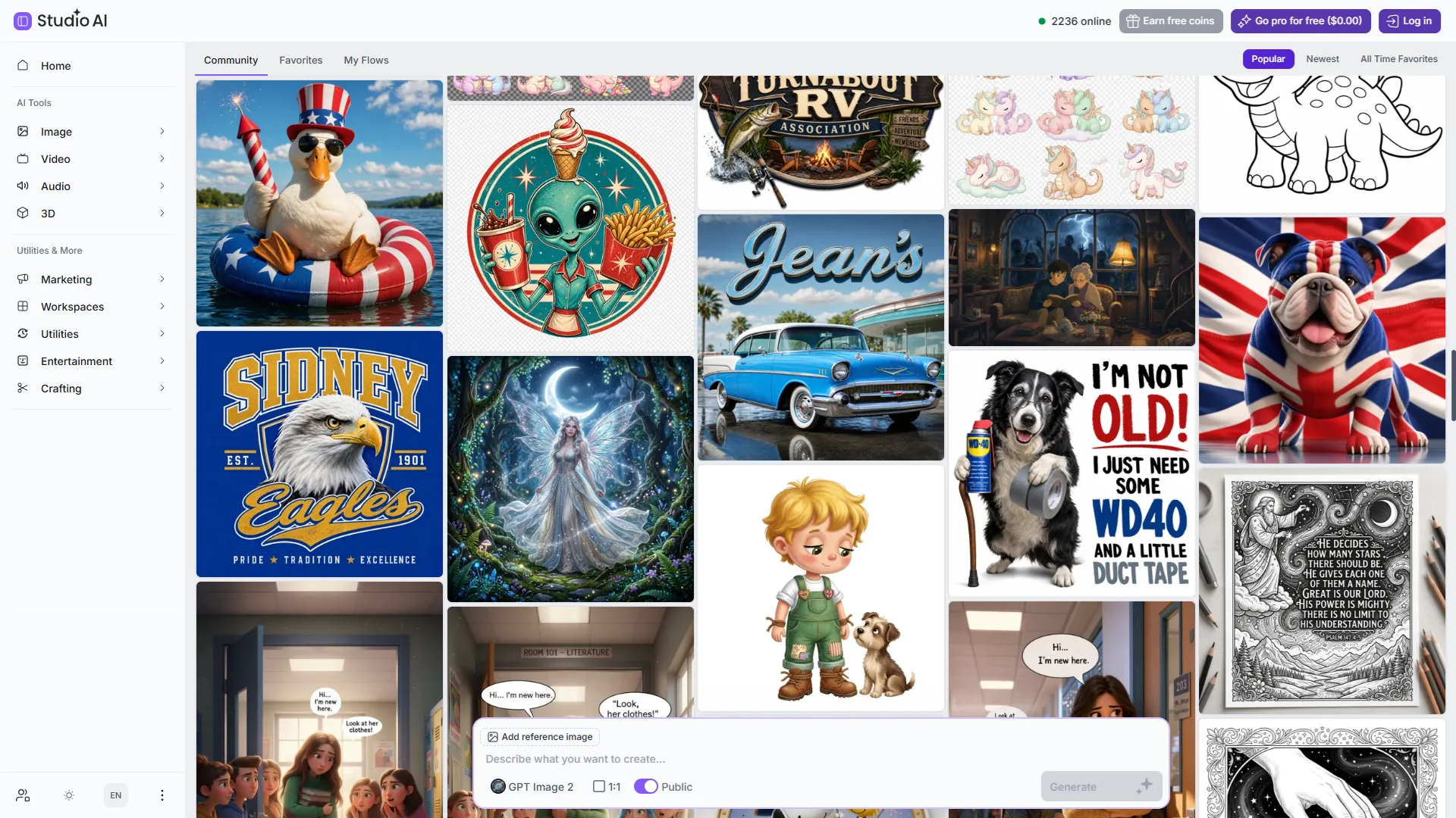 Owner-captured Creative Fabrica image community and prompt surface with visible categories, examples, and controls as captured.