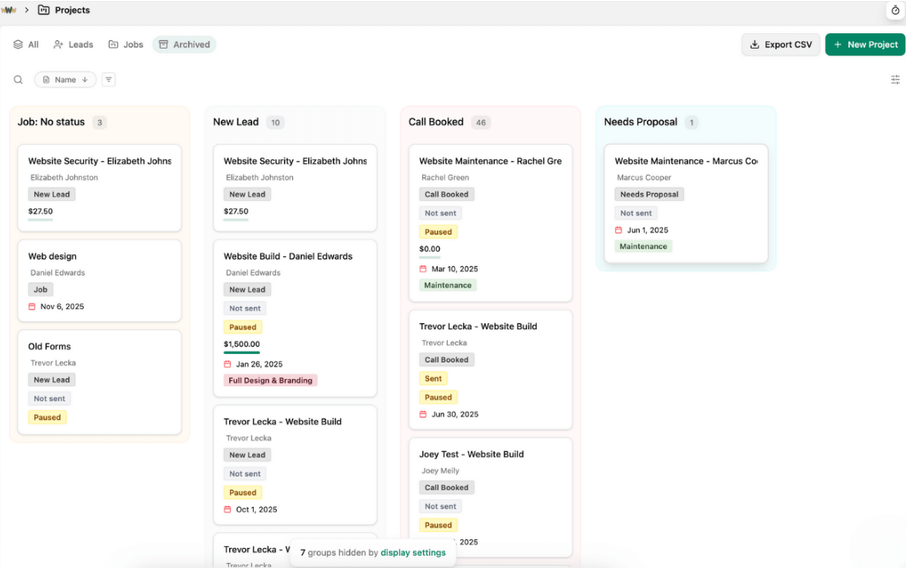 Owner-captured Dubsado project stages and status cards with capture-time example content as captured.