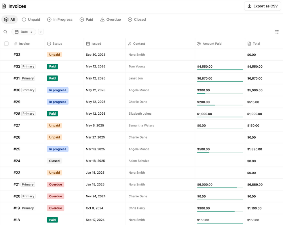 Owner-captured Dubsado invoice statuses and amount fields with capture-time example content as captured.