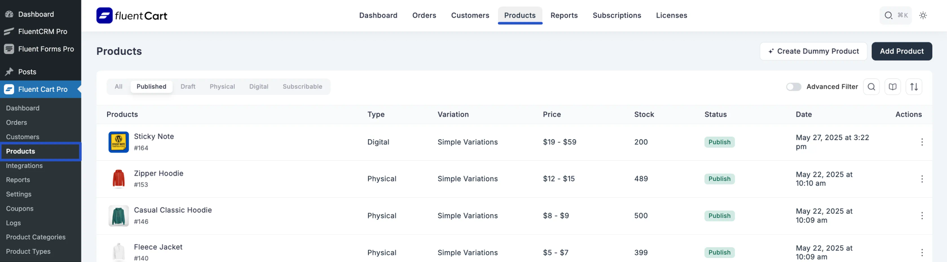 Owner-captured FluentCart demo product list with product types, stock, prices, and status fields as captured.