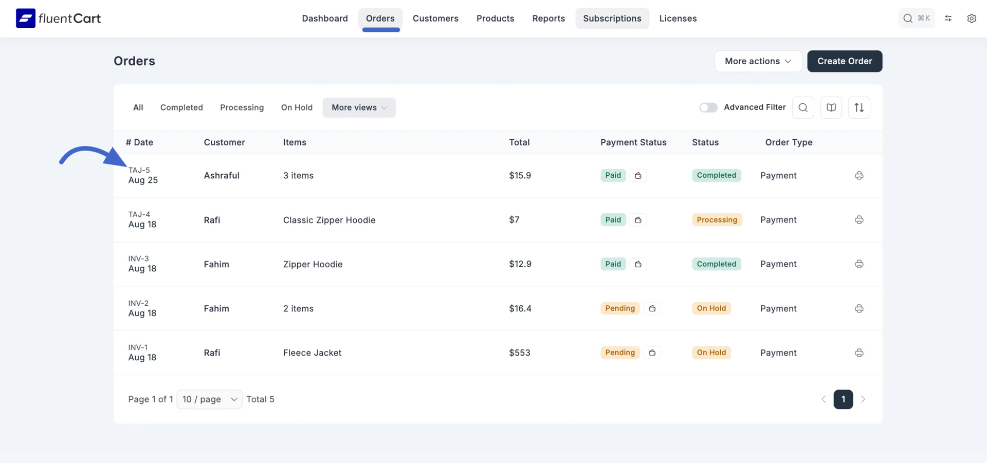 Owner-captured FluentCart demo order list with customer, total, payment, and order-status fields as captured.