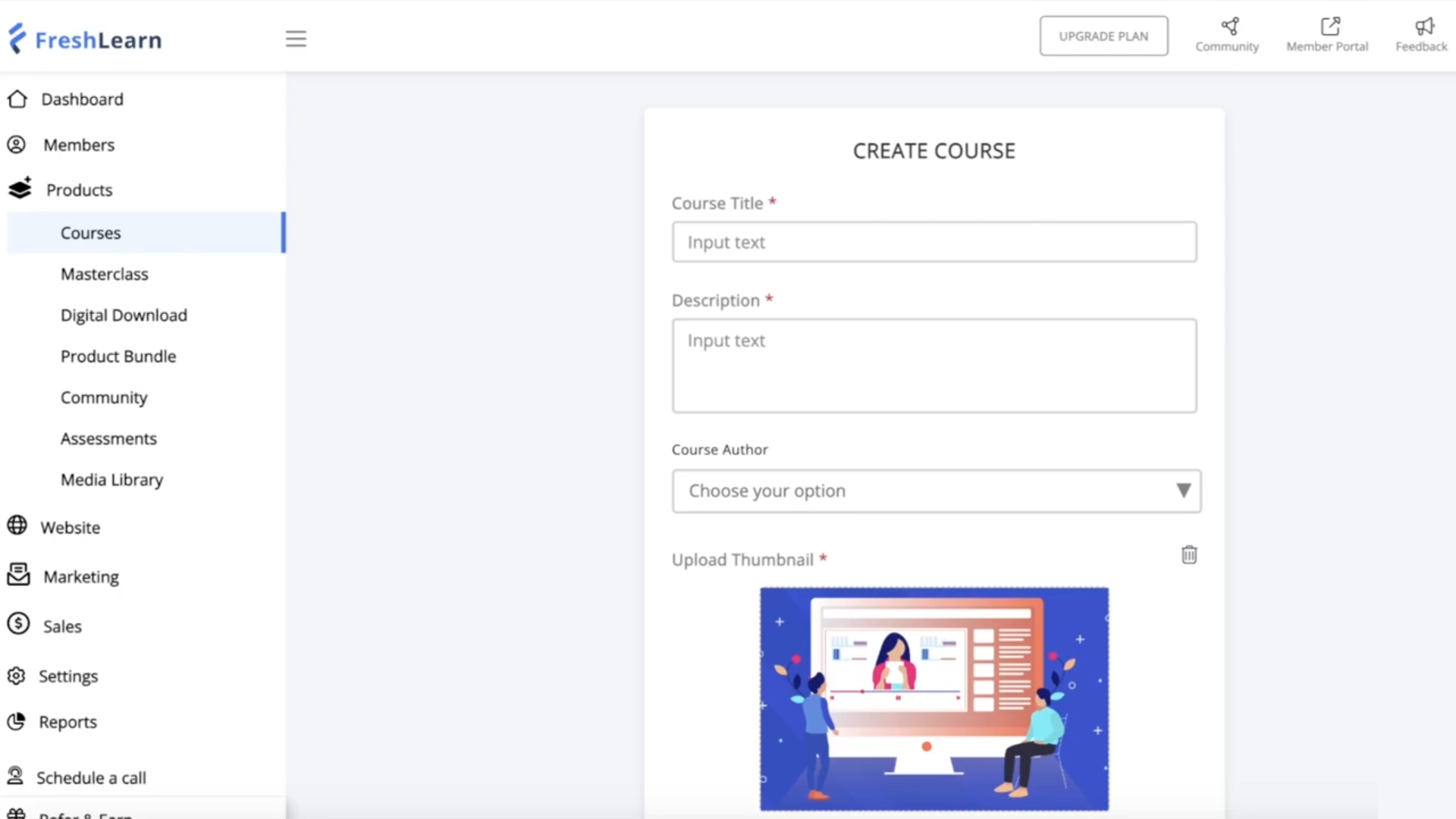 Owner-captured FreshLearn create-course form with title, description, author, and thumbnail fields as captured.