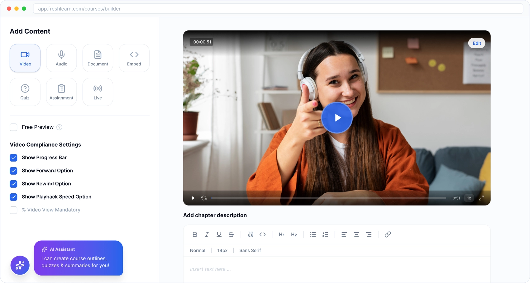 Owner-captured FreshLearn course-builder editor with lesson content controls as captured.
