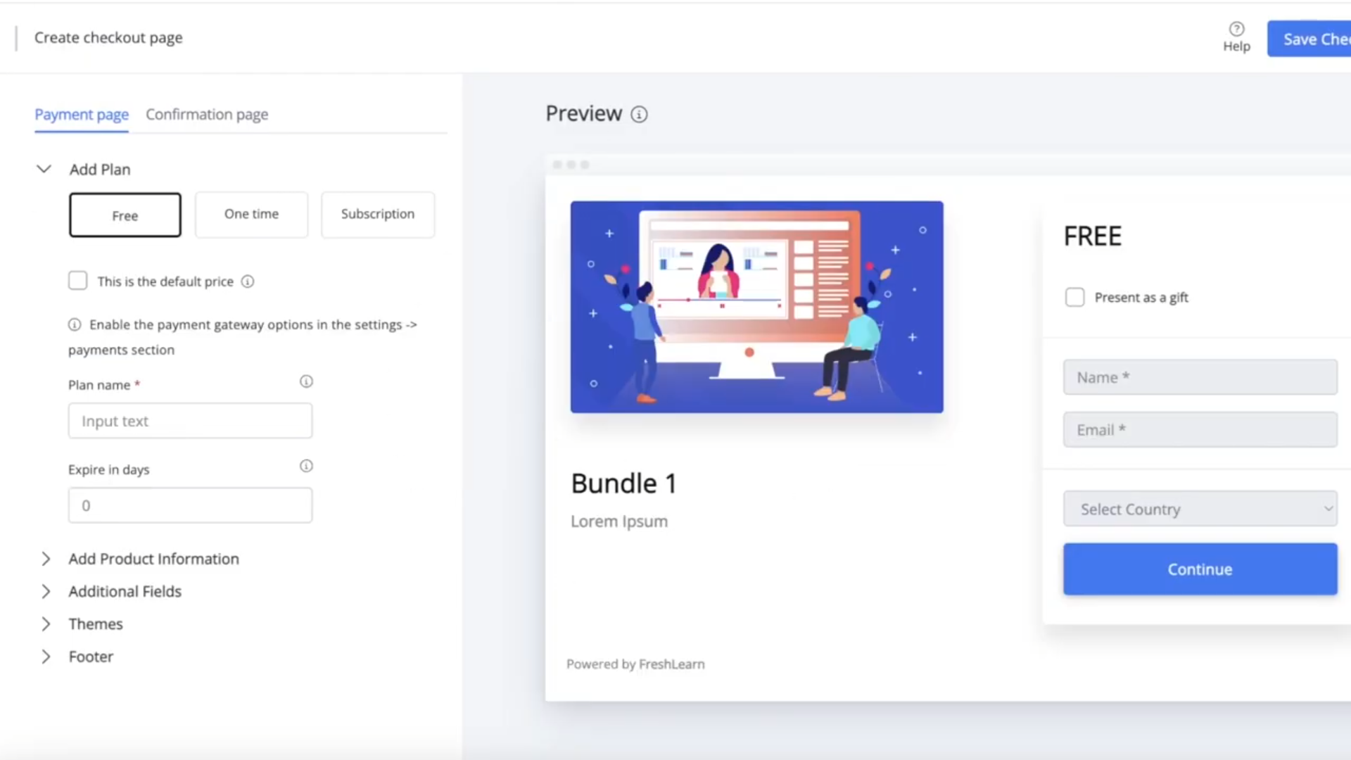 Owner-captured FreshLearn checkout-page builder with contact, payment, and field settings as captured.
