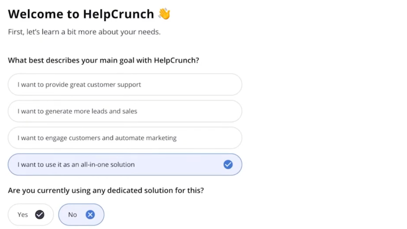 Owner-captured HelpCrunch onboarding layout with vendor example content as captured.