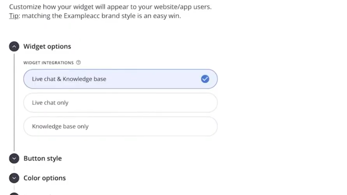 Owner-captured HelpCrunch widget-options layout preserving chat and knowledge-base controls.
