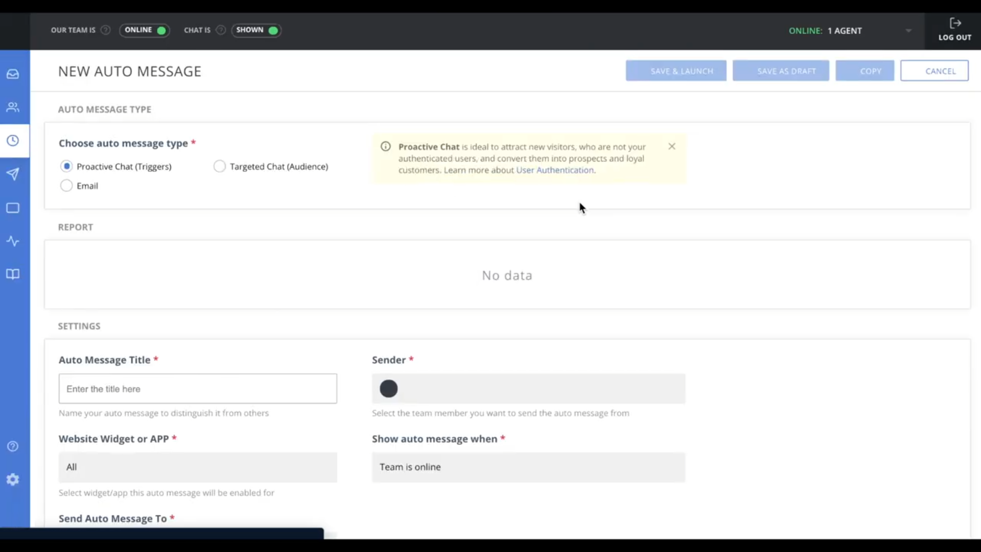 Owner-captured HelpCrunch automated-message editor preserving configuration fields with example claim and status content as captured.