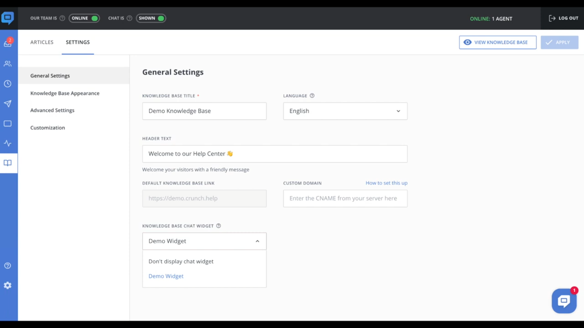 Owner-captured HelpCrunch knowledge-base settings preserving title, language, header, widget, and domain controls with operational status as captured.